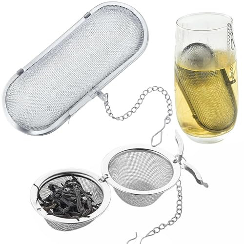 2 Colador de Té Fabricado en Acero Inoxidable 304, Bolas Infusor, Infusor de Té Acero Inoxidable, Especias y Hierbas - Filtro de Té de Malla Fina con Cadena, Colador Té (Elíptico, Forma Esférica)