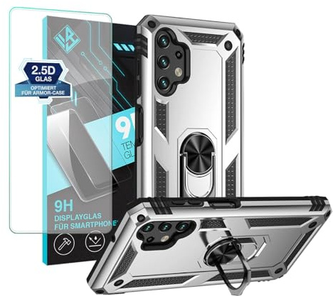 LBH Outdoor Hülle für Samsung Galaxy A13 mit Displayglas Armor Militär Stoßfest Handyhülle 360 Grad Metal Ring Halter Ständer Schutzhülle für Handyhalterung Auto Magnet Silber