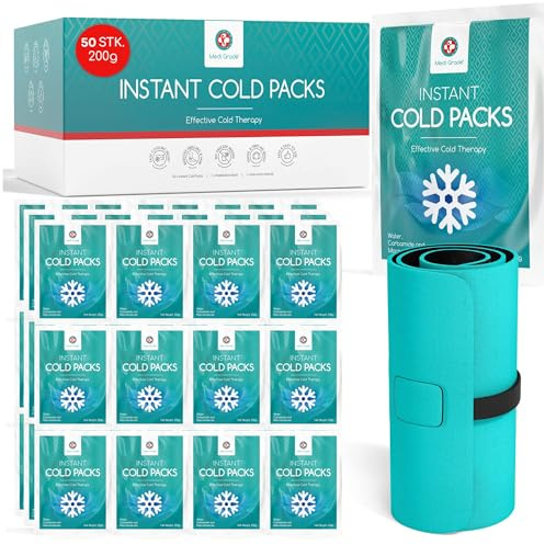 Medi Grade Bolsas de Frío Instantáneo 50 uds de 200 g – Bolsas de Gel Frío para Alivio Rápido, Sin Frigorífico con Banda de Sujeción –ideal para Lesiones en Tobillos y Rodillas –Medidas 15,24x20,32 cm