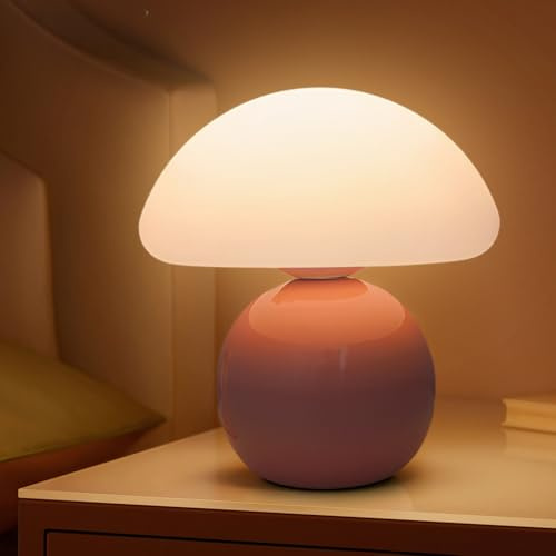 Lámpara de seta rosa LED de mesa, lámpara de mesa, lámpara de mesa regulable con 3 modos de brillo, lámpara de seta de cuerpo de cerámica y pantalla de polietileno, lámpara de mesita de noche