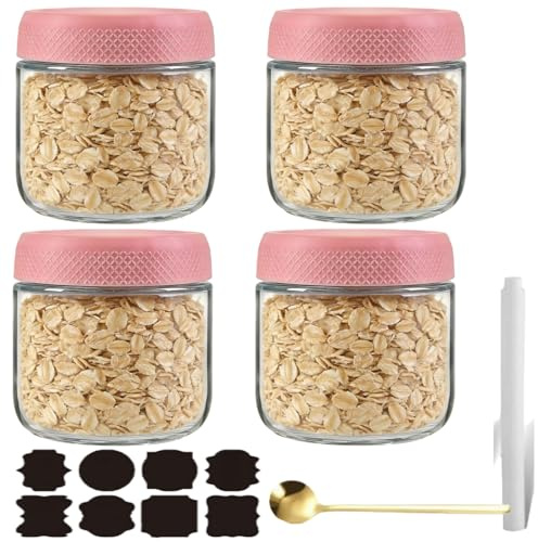 CNKHDZ 4 st blå 300 ml övernattning havregryn måltid prep sallad mat müsli mellanmål behållare pudding yoghurt förvaring förseglad burk (4rosa, 300 ml)