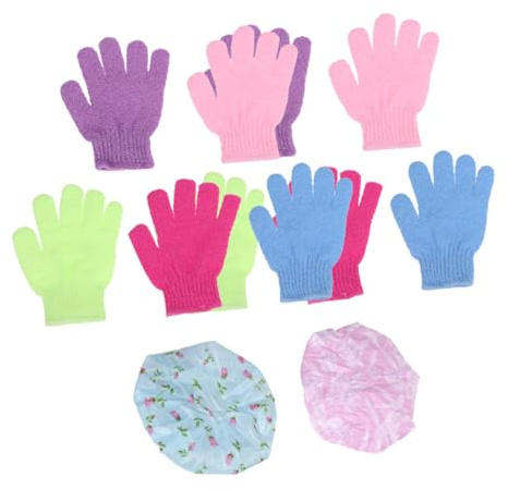 FRCOLOR Badehandschuhe mit Fünf Fingern aus Nylon und Spitzenbadehauben-set zum Schutz vor Nässe für Duschen und Bäder Handschuhe und Hauben in Verschiedenen Farben