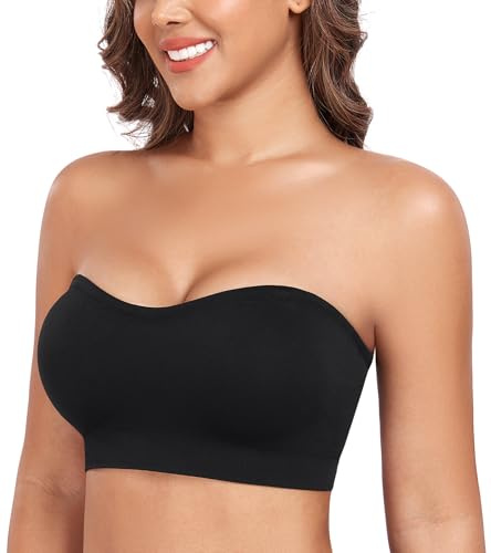 Curyon Reggiseno Senza Ferretto da Donna, Strisce Antiscivolo in Silicone, Imbottiture Rimovibili, Reggiseno Tubolare Senza Ferretto con Due Spalline Rimovibili Nero S