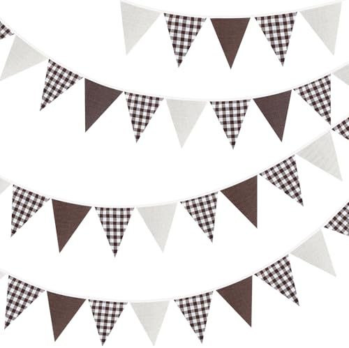 G2PLUS Burlap Fabric Gingham Bunting Banner: 36PCS Large Outdoor Triangle Flags, 10m Brown and White Vintage Bunting Banner for Birthday, Wedding, Graduation Ceremony, Garden Party Decoration