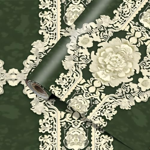 HOMETITUTE Papel tapiz barroco clásico floral para despegar y pegar, telón de fondo verde, autoadhesivo, extraíble, papel de pared para encimera, armario, decoración de pared del hogar, 15.7 x 39.4