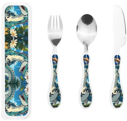 Cute Dinosaur Print Knife, Fork and Spoon Set - Stainless Steel Flatware Set, Birthday Parties, and More â€“ Adorable