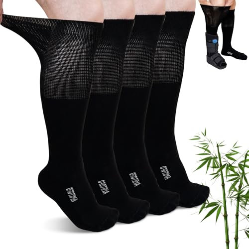 ZAKASA Calzini Diabetici Donna Uomo: Bambù Calzini Alti Al Ginocchio Diabetici Extra Larghi Calze Senza Cucitura Senza Elastico Comodi Suola imbottita per Piedi gonfi EU 39-42 Nero 2 Paia