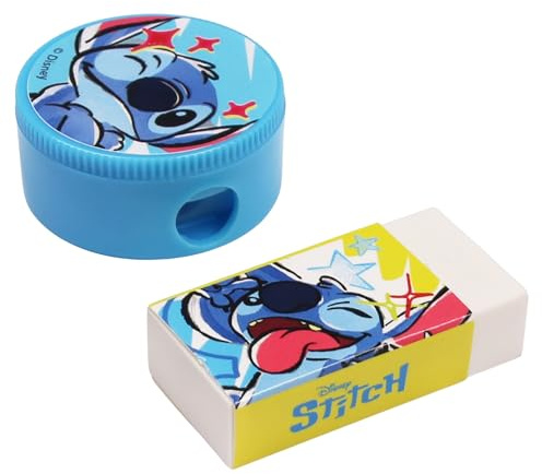 DISNEY Stitch SET de material escolar: sacapuntas, sacapuntas de crayones + goma de borrar (A)