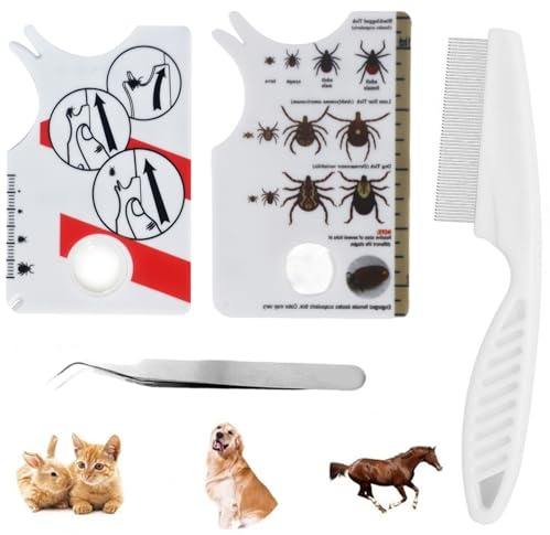 Ourdort Set di 2 biglietti per zecche con lente d'ingrandimento + pinza zecche + 1 pettine, set di attrezzi per sollevamento zecche, per cani, gatti e bambini