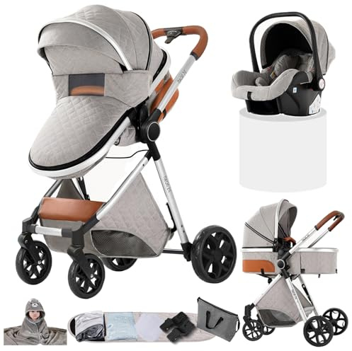 Doraystar Kinderwagen 3 in 1, Kombikinderwagen 3 in 1 Komplettset mit Zwei Umkehrbaren Schiebemodi, Kinderwagen Set mit Ein-Klick-Faltdesign, Rahmen Aluminiumlegierung (YV9 Light Grey)