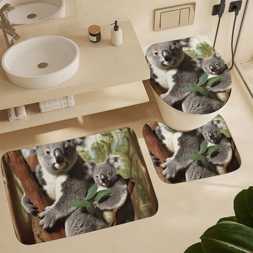 Bathroom Mat Sets 3 Piece Koala Family U Shape Wc Toilet Rug Anti Slip Machine Washable Floor Mats, For Floor Tub, Indoor, Bedroom