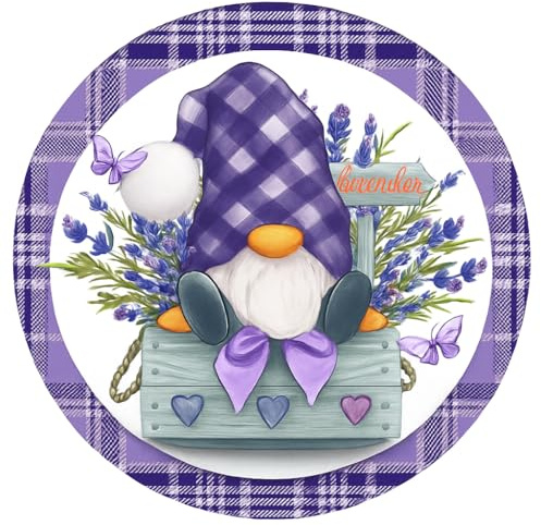 Spring Gnome Lavender Flower Tin Sign – 8x8 Inch Buffalo Plaid Metal Door Hanger for Front Door, Farmhouse Summer Porch Decor, Rustic Wall Wreath for Yard, Garden, Home