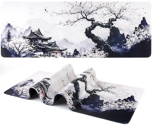 BOHJPIS Japanese Cherry Blossom Mouse Pad (31.5 × 11.8 × 0.12 in) Stitched Edges Mousepad,Non-Slip Rubber Base Mousepad for Home Office Work Desk Pad (Cherry Blossom)