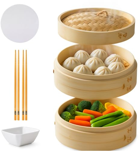 2-Tier Bamboo Steamer Basket with Chopsticks,10 Dumpling Steamer Basket with Sauce Dish & Reusable Silicone Liners, Premium Steamers for Cooking Dim Sum, Bao Buns, Dumplings, Rice & Asian Vegetables