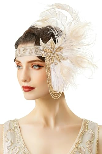 BABEYOND 1920s Great Gatsby Headpiece - Feather Headband with Golden Fringes for Carnival, Ball, and Wedding Beige