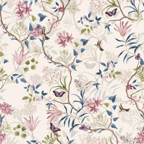 VaryPaper Chinoiserie Floral Hummingbird Wallpaper 44.5cmx800cm Removable Butterfly Contact Paper for Furniture Pink Flower Wallpaper for Living Room Hallway Sticky Back Plastic Cupboard Vinyl Wrap