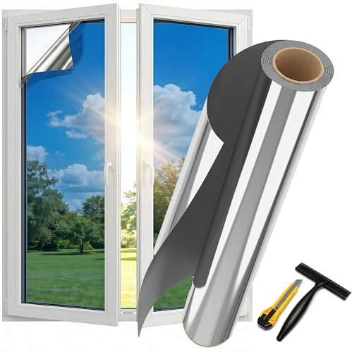 Lámina de espejo para ventana, protección solar, protección contra el calor, interior o exterior, lámina autoadhesiva, protección UV, sin dejar residuos (plata (autoadhesiva), 85 x 400 cm