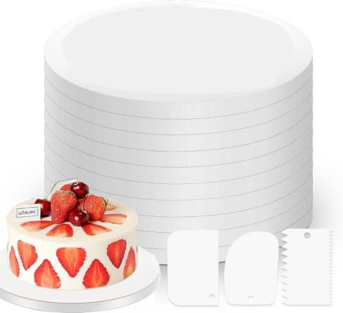 Tårttallriksset, 8 stycken kakbräda, 25 cm (25 tum) i vitt med 3 degskrapa-set, runt tårtunderlägg i kartong, tårtbottnar för tårtor, dessert, kakbräda för transportdekoration och present