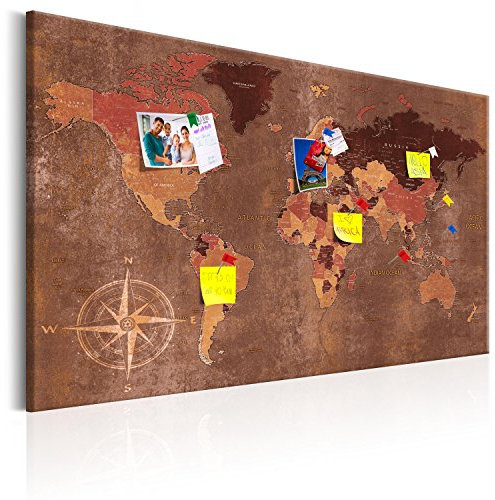 Pinnwand B&D XXL - Weltkarte Pinnwand & Leinwandbild 90x60 cm 1 Teilig Kunstdruck modern Wandbilder XXL Wanddekoration Design Wand Bild - Landkarte Karte Reise Geographie Holz Bretter