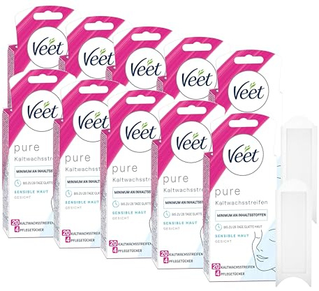 Veet PURE Kaltwachsstreifen – Geeignet für sensible Haut – Anwendung für Gesicht – Bis zu 28 Tage glatte Haut – 10 x Doppelstreifen à 20 Anwendungen - 12er Pack