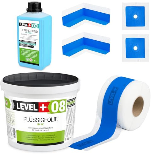 Dichtset 7 Kg Flüssigfolie, 2 Innenecken, 2 Wandmanschetten, 5m Dichtband, Tiefengrund 1 L Abdichtungsset Bandset Dusche Bad Küche SET302