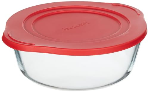 Pasabahce PAŞABAHÇE Borcam - Fuente redonda para horno con tapa, color rojo y transparente