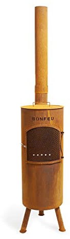 Cheminée de Jardin BonGiano LP Rouille BonFeu 30x30x153 cm - Grille de Barbecue - Couvercle - Tisonnier et Pare-Étincelles - Brasero pour Jardin