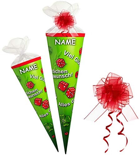Schultüte - Viel Glück - Alles Gute & Herzlichen Glückwunsch - 50 cm - rund - incl. Name und Schleife - Tüllabschluß - Zuckertüte - mit/ohne Kunststoff Spit..