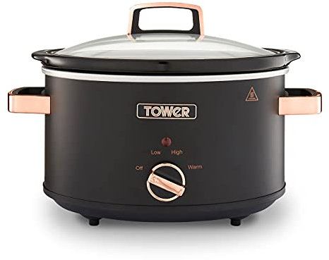 Tower T16042BLK Cavaletto 3.5 Litre Slow Cooker with 3 Heat Settings, Removable Pot and Cool Touch Handles, Black and Rose Gold