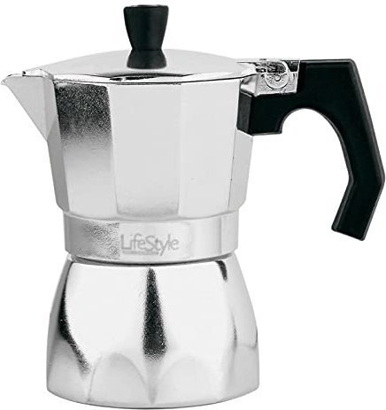 Cafetera de aluminio italiana de 16 cm de alto y 10 cm de diámetro y con capacidad para 6 tazas. Recipiente para hacer cafe con capacidad de 6 tazas y de aluminio.