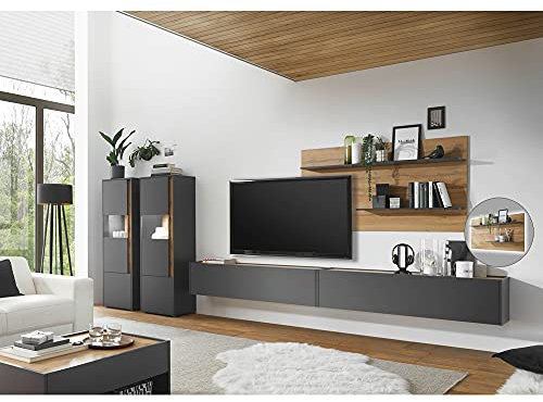 Lomadox Wohnzimmer Wohnwand mit LED Beleuchtung in anthrazit mit Absetzungen in Wotan Eiche Nb., B/H/T: ca. 440/180/40 cm