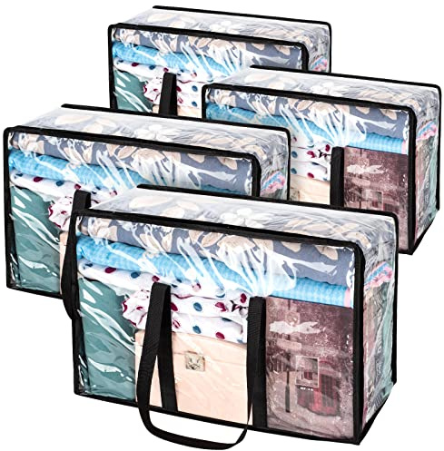 4 Pack Clear Clothes Storage Bags, Large Moving Under Bed Storage Box with Lid, Plastic Laundry Bags with Zips for Clothes, Duvets, Comforters, Blankets