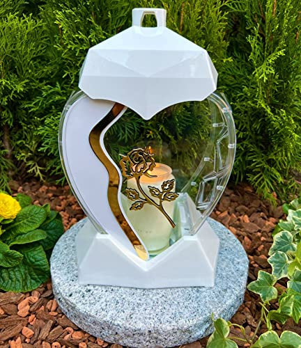Lanterne funéraire en forme de cœur avec motif de roses - 28 cm de hauteur - Lampe funéraire - Blanc - Bougie funéraire - Décoration funéraire - Sans socle et sans décoration