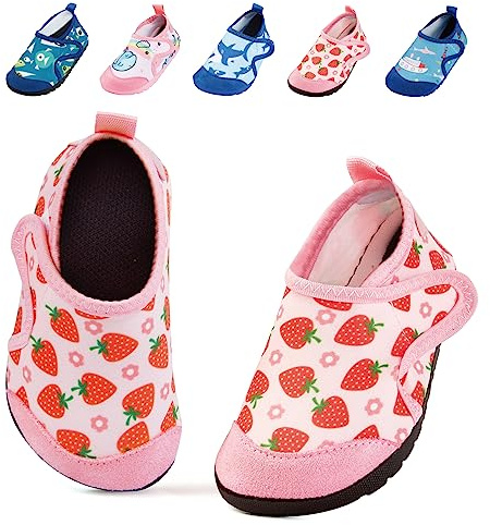 Toddler Water Shoes Kids Beach Swimming Pool Shoes, Quick Dry Non-Slip Barefoot Aqua Shoes for Children Boys Girls Pink Strawberry 6/7 (Label Size 25-26)