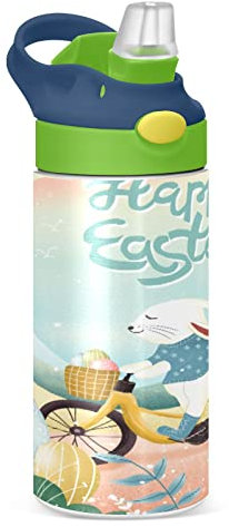 KAAVIYO Rabbit Funny Bike Water Bottle Stainless Steel Insulated Vacuum Flask Leak Proof with Straw Brush Cup 350ML for Boys Girls Kids