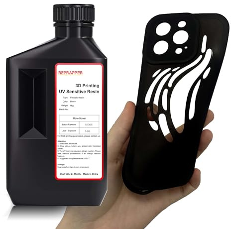 RepRapper Flexibles 3D Drucker Resin (Shore 80A) 3D Drucker harz, Weiches Gummi/TPU-ähnliches 3D Druck Resin, Hohe Dehnung, 405nm Schnelle UV Resin, Photopolymerharz für LCD Drucker, Schwarz 1000g