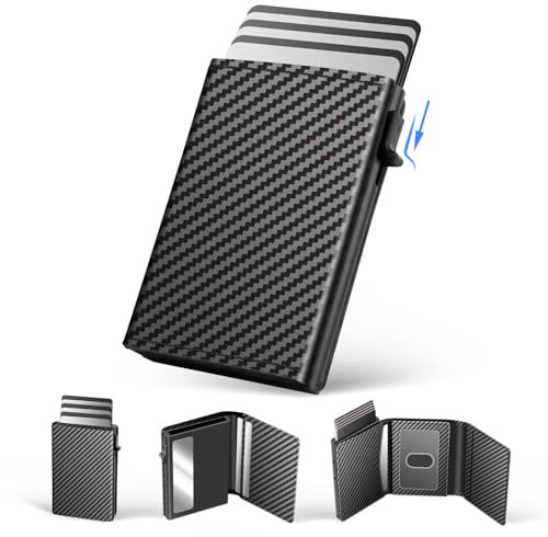 WELLNEC Kartenetui Geldbörse Kreditkartenetui Wallet Herren - Pop up Kartenetui RFID Schutz 6-11 Karten Slim Lockcard Wallet mit Münzfach aus Kohlefaser Alumini Mini Geldbörse Herren Klein