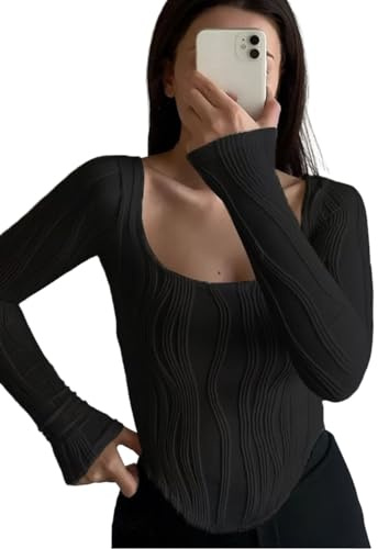 Rongseng Donna Maglietta a Maniche Lunghe Crop Top Sexy Slim T Shirt con Scollo Quadrato Testurizzato Camicette Eleganti Aderente Cropped Tops Tinta Unita Pullover Moda Casual Y2k Streetwear