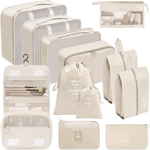 Chijoo 12 teiliges Koffer Organizer Set (Beige) – Packing Cubes Set, Packwürfel, Reise Gadget