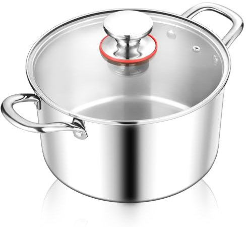 Joyfair Casserole à pâtes en acier inoxydable de qualité supérieure de 26 cm à 3 couches avec couvercle en verre, casserole à induction de 6,7 l, convient à tous les types de cuisinières, passe au