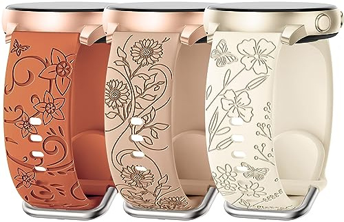 AMSKY 3-delat Armband med Gravyr och Blommönster, Kompatibel med Samsung Galaxy Watch 7/6/5/4 40mm 44mm, Watch 6/4 Classic 43mm 47mm 42mm 46mm, 5 Pro 45mm, 3 41mm, 20mm Silikonarmband för Kvinnor