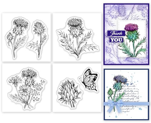 GLOBLELAND 4 Stück Mini Distel Schmetterlingspflanze, Transparente Stempel Für DIY Scrapbooking, Mini Blumen, Silikon Stempelsiegel, Für Karten, Fotoalbum, Tagebuch