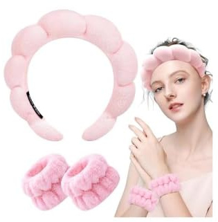 Spa Stirnband Damen Make Up Haarband Abschmink Haarband Schwamm Stirnband Skincare Headband Skincare mit Handgelenk Waschband für Spa Abschminken Gesicht Waschen Duschen Sport Hautpflege (Rosa)