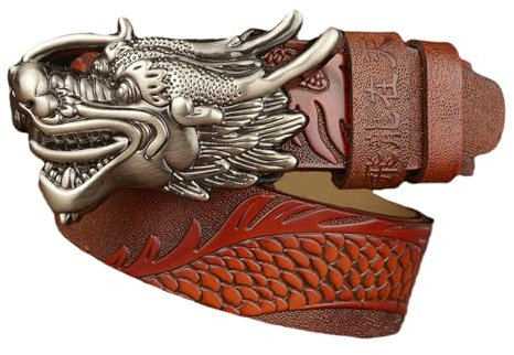 MYIESAXL Rindsleder-Gürtel, Drachen-Ösen-Tiere, graviert, verstellbares Gürtel-Zubehör（Orange, 130cm/waist:45）