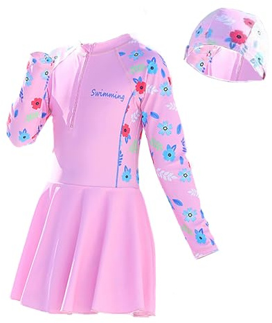 NautySaurs Traje de baño de una pieza de manga larga para niñas con falda, traje de baño para niños grandes con gorro de natación, rosa, 6-7 años