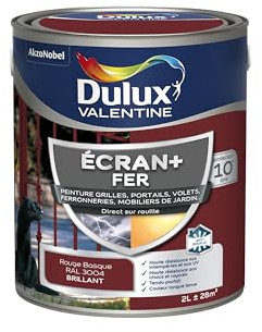 Dulux Valentine Peinture Ecran+ Fer Intérieur/Extérieur - Haute résistance aux intempéries, aux UV, chocs et rayures - Rouge Basque 2 L