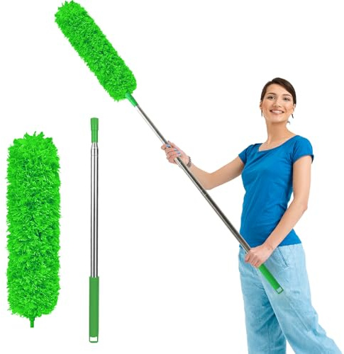 Fogray 2025 Upgraded Extendable Feather Duster with Soft Silicone Cap, Telescopic Long Handled Microfiber Dusters for Cleaning, Cobweb High Ceiling Fan Roof Blinds Cars, Washable & Bendable(green)