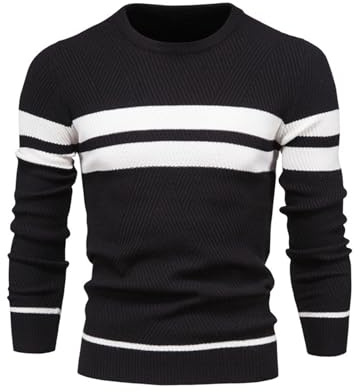 LUVCES Jersey Hombre Invierno Suéter Casual con Bloques de Color Cuello Redondo Manga Larga Jersey de Uso Diario a Rayas Tops Negro XXL