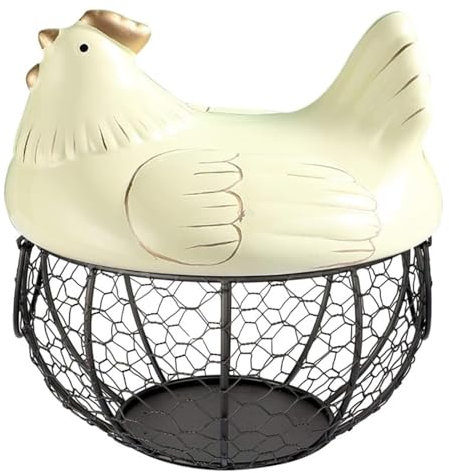 HYKJCSS Huevera Gallina Cesta para Huevos, Decoración De Pollo, Cesta De Almacenamiento De Huevos De Alambre De Malla con Tapa De Pollo De Cerámica, Soporte para Huevos De Granja Hueveras(Beige)