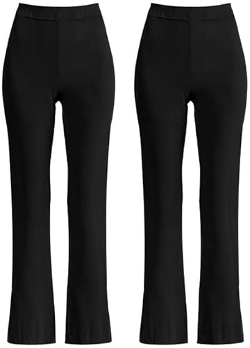 L S U Pack of 2 Girls Pull Up School Trousers Elasticated Waist Bootleg Stretchy Comfortable Ribbed Trousers (Black, 12-13)